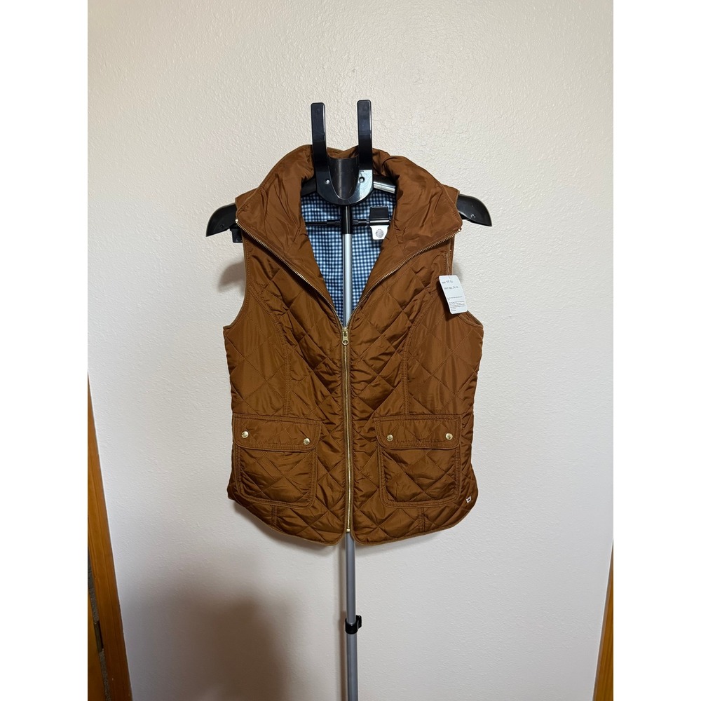 Crown & Ivy Womens Quilted Puffer Vest Brown Gingham Lined Full Zip Medium NWT